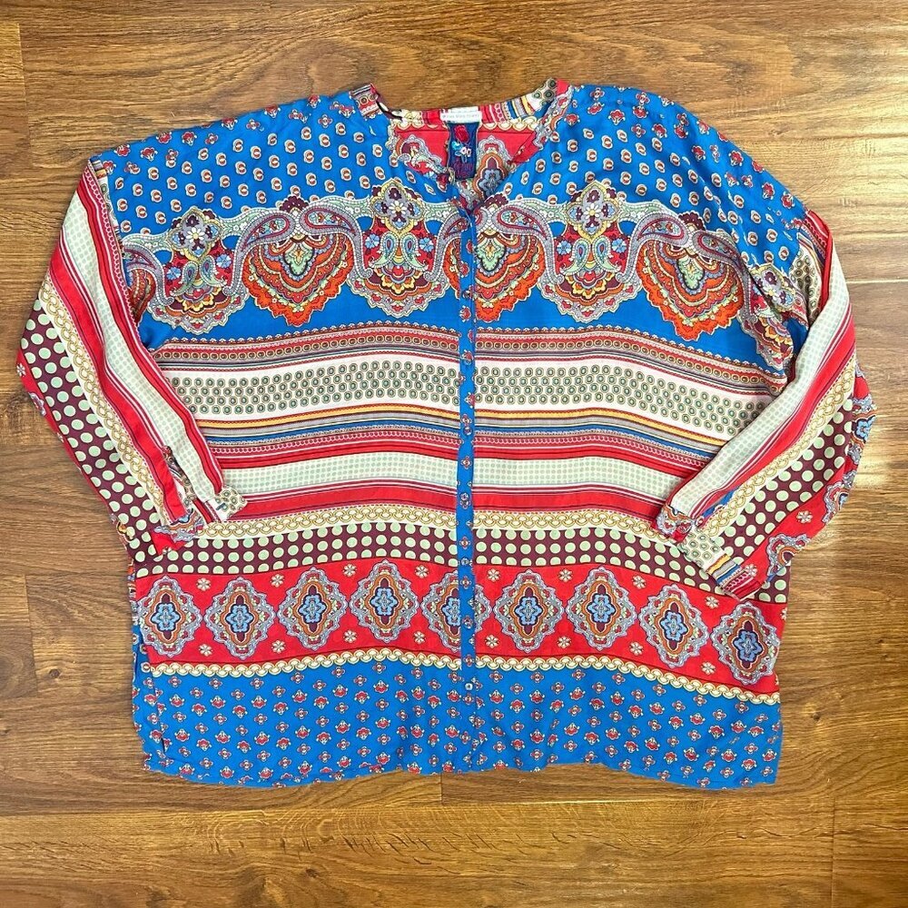 Johnny Was 100% silk printed button up plus size shirt